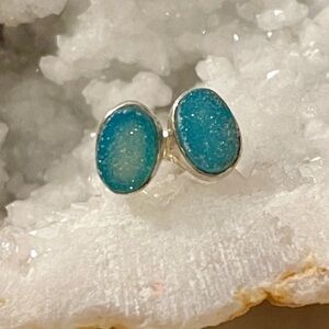 Marine Blue Druzy Sterling Silver 925 Earrings Stud